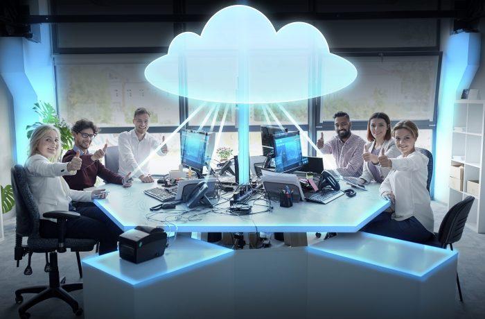 happy business team with cloud computing hologram