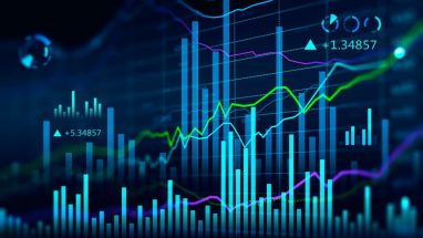 Concept of stock market and fintech forex concept. Blurry blue digital charts over dark blue background. Futuristic financial interface. 3d render illustration.